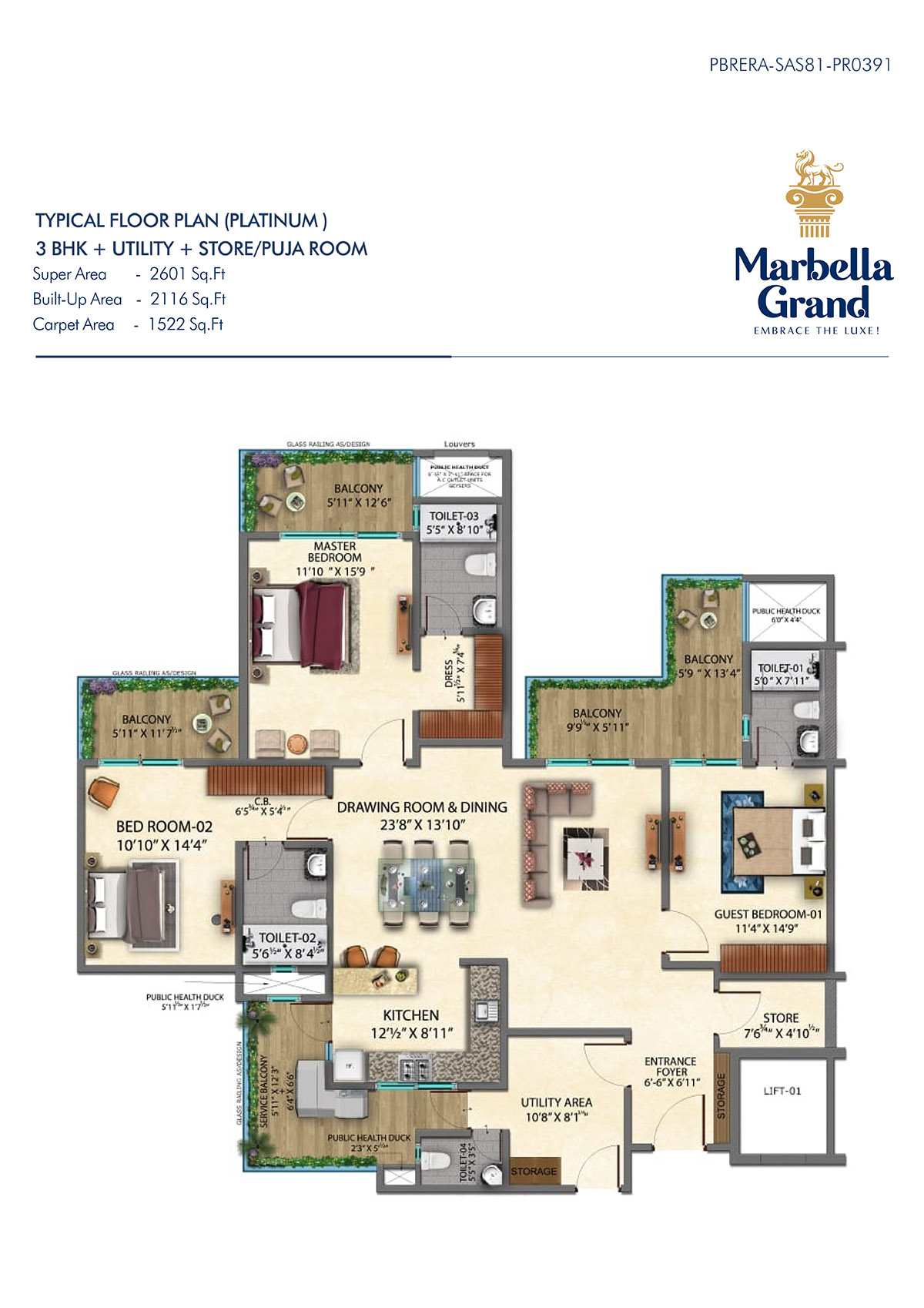 3BHK + STORE/PUJA ROOM - TYPICAL FLOOR PLAN