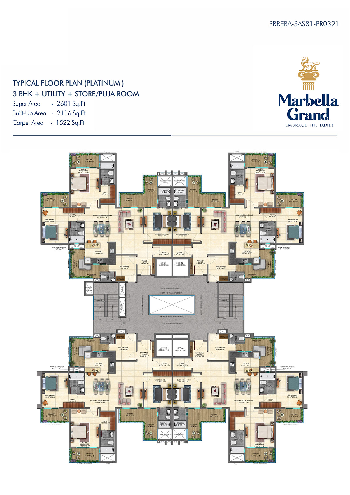 3BHK + UTILITY + TYPICAL FLOOR PLAN